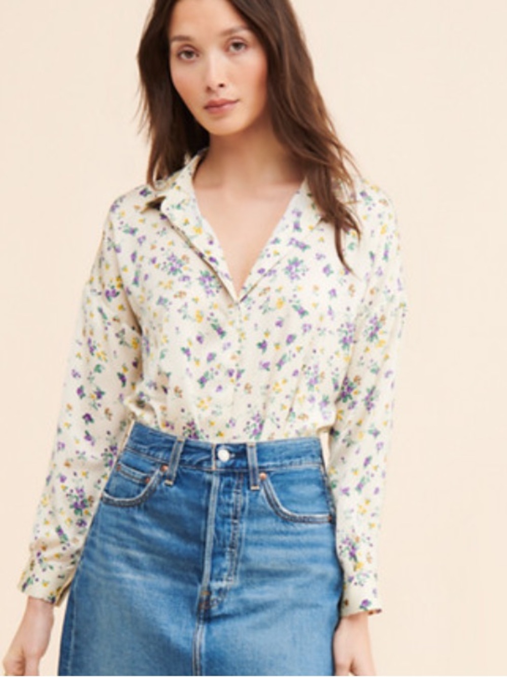 Heartloom Cream Button-Down Blouse Purple & Yellow Floral Print oversized XS